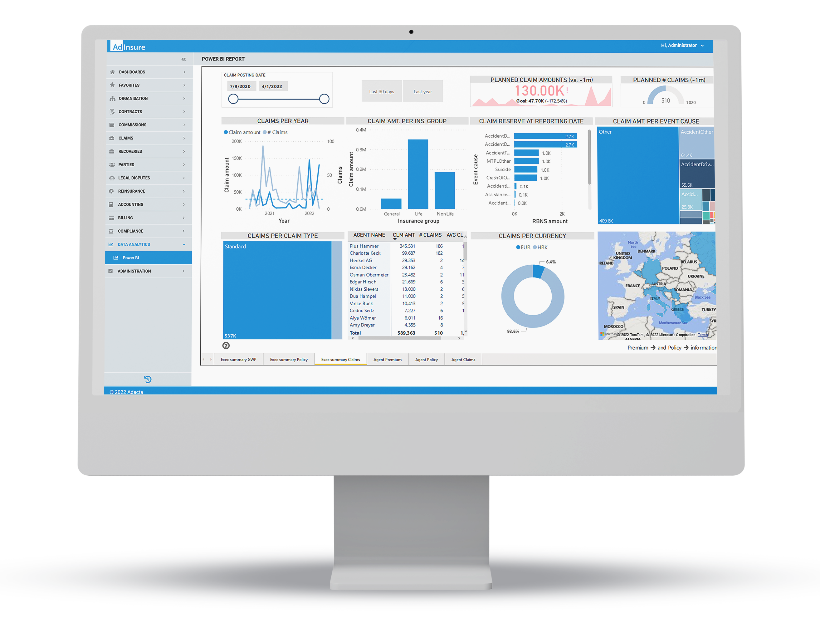 Advanced BI functionality embedded directly in the AdInsure